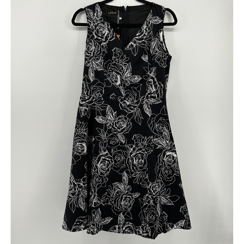 iHot Black White Rose‎ Floral Fit Flare Sleeveless Dress L NWT Whimsigoth Party